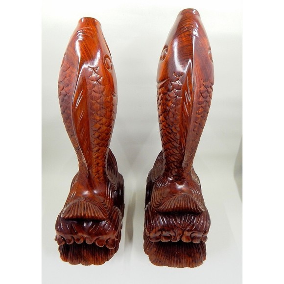 Wooden Fish Koi Carp Jumping Out of Water Bookends Sculpture Figurine 11" Pair - Picture 4 of 10